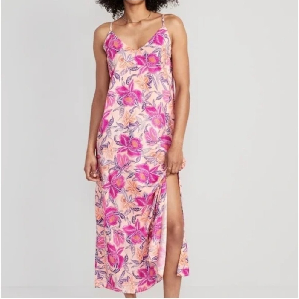 NEW Old Navy V-Neck Strap Maxi Shift Dress Pink Peach Floral Size Large Beachy
